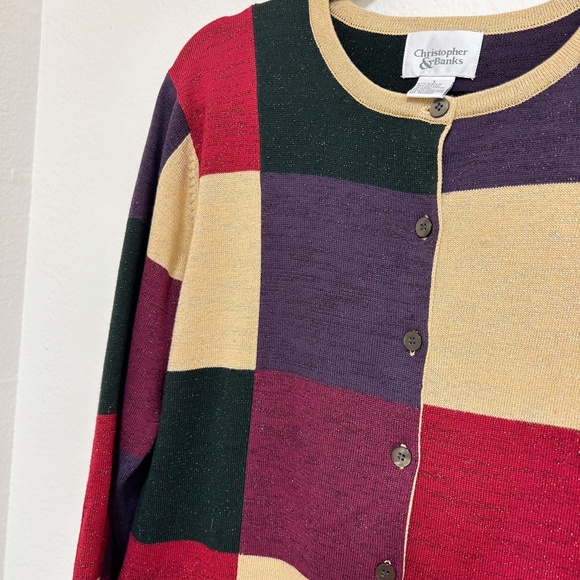 VINTAGE CHRISTOPHER & BANKS holiday color block cardigan sweater sz L, green - Picture 4 of 14